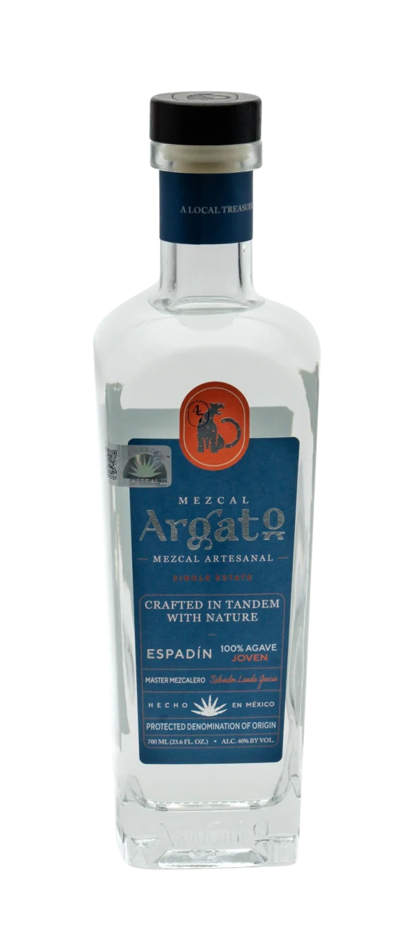 Mezcal Argato Espadin bottle with blue label